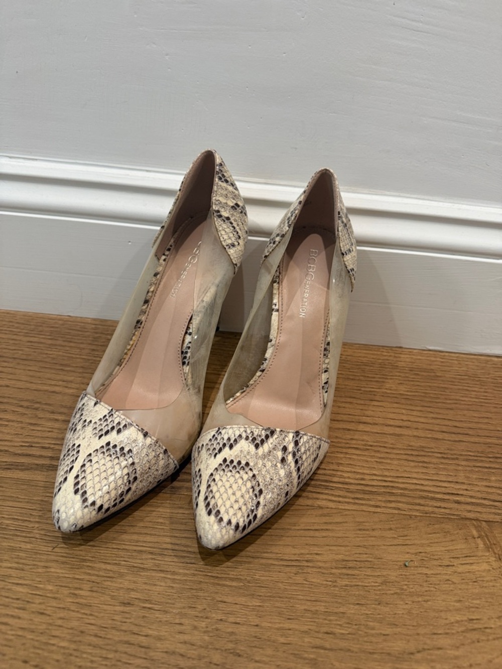 BCBGeneration Cream Snake-Print Pointed Toe Pumps with Clear Sides
